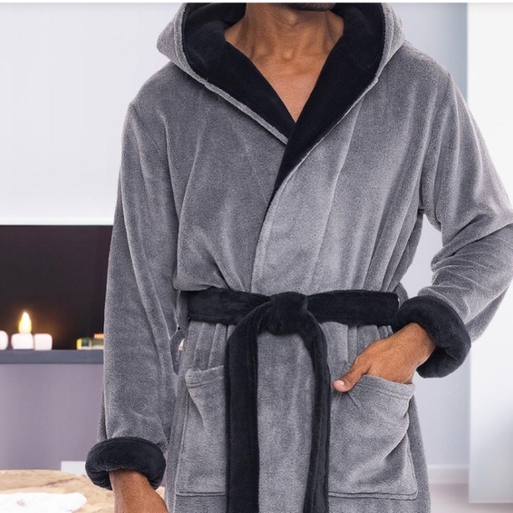 Elexander Del Rossa Mens Robe, Plush Fleece Hooded Cozy Bathrobe Sz L Gray/Black - Picture 3 of 11